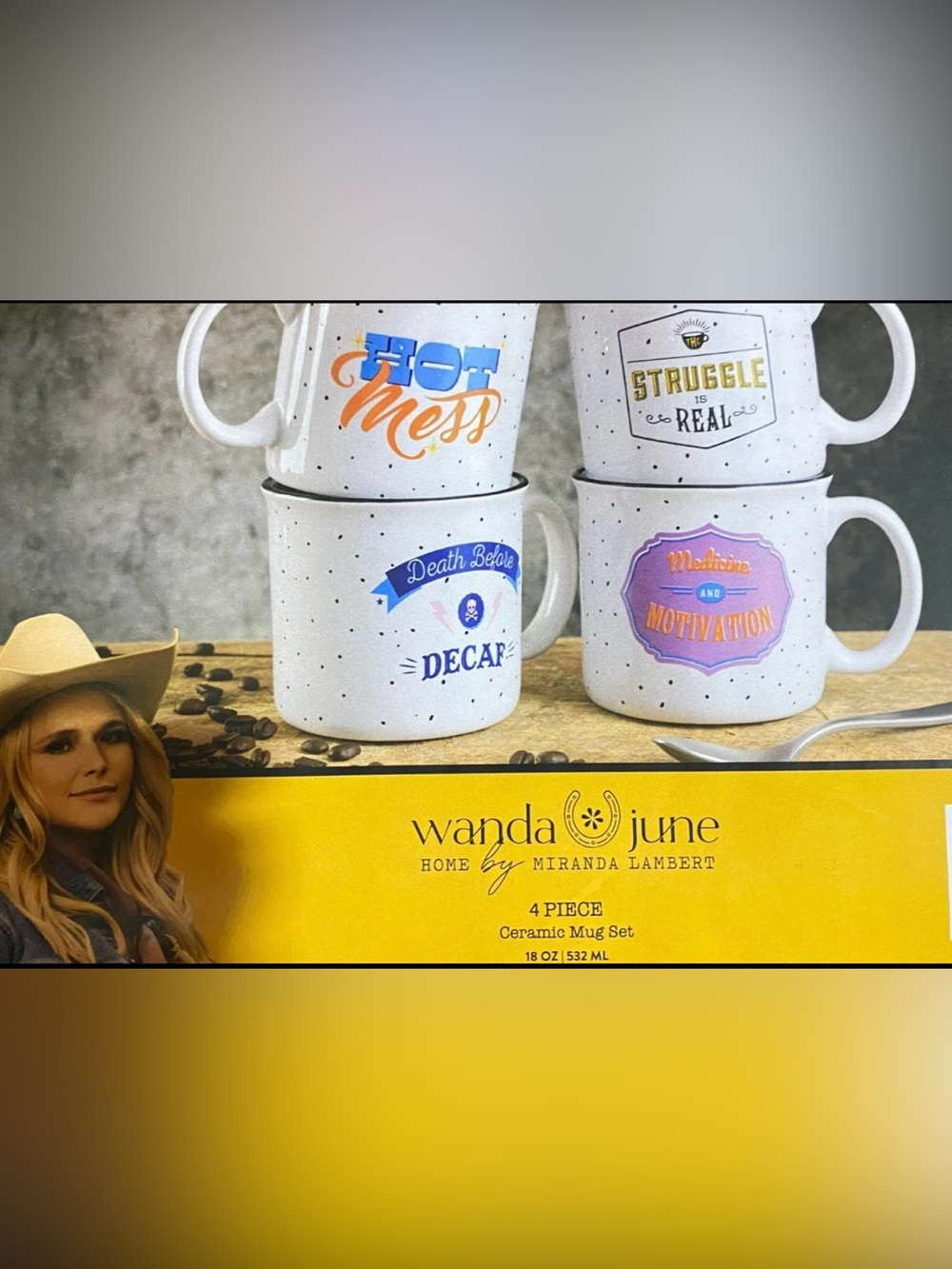 New in Box Wanda June Ceramic Mug Set with Quotes
